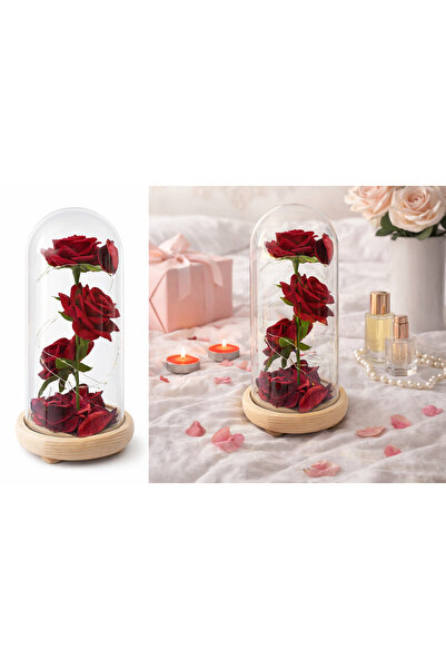 OEM Trandafir artizanal in cupola cu petale decorative pe blat crem , LED, RO...