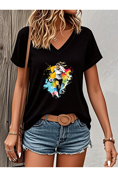 YUNAYT Women's V-Neck Draped Printed T-Shirt