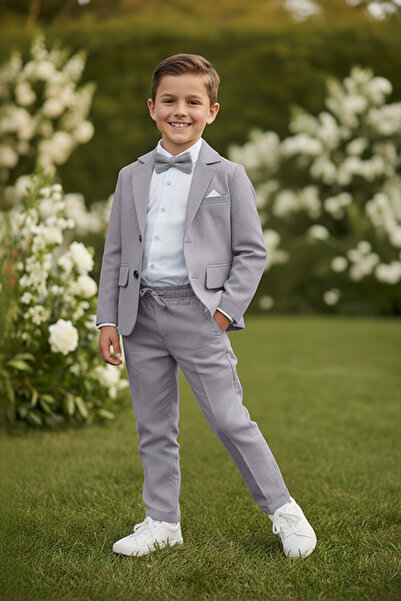 Merdia Costum pentru băieți din in flanel (jachetă, cămașă, papion și pantalo...