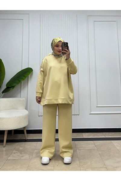 Miraydın Butik Shoulder Buttoned Trousers Double Scuba Suit - Yellow