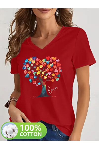 YUNAYT Women's V-Neck Draped Printed T-Shirt