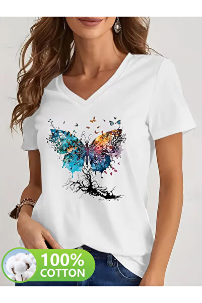 Cevval تي شيرت نسائي مطبوع بقصة على شكل حرف V