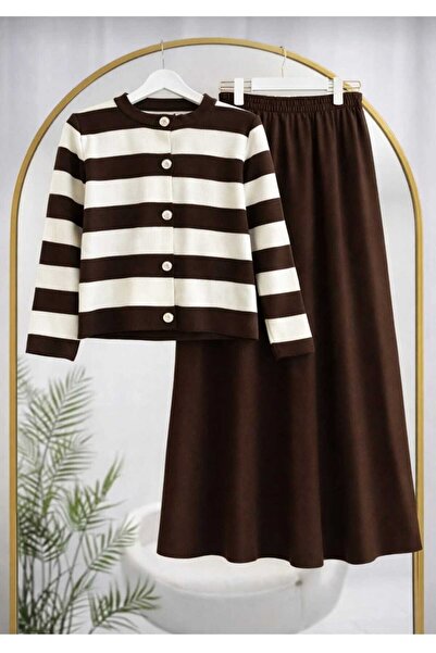 MODA VEDAT Women's Striped Knitwear Cardigan - Dabıl Pocketed Skirt Set -0355