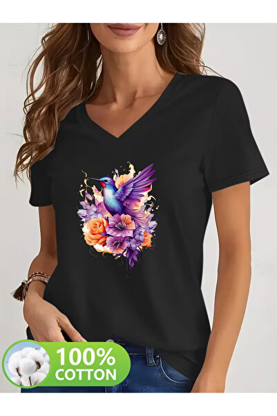 YUNAYT Women's V-Neck Draped Printed T-Shirt