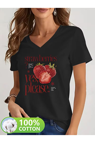 YUNAYT Women's V-Neck Draped Printed T-Shirt