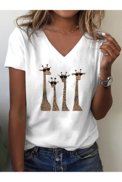 Cevval Women's V-Neck Draped Printed T-Shirt