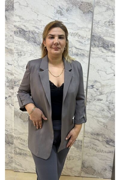 BE ATÖLYE BUTİK Kadın Astarlı Blazer Ceket Düğmesiz Yan Cep Dantel Detaylı Çı...