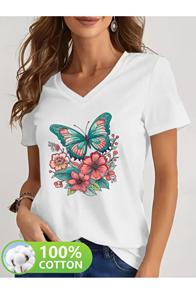 YUNAYT Women's V-Neck Draped Printed T-Shirt