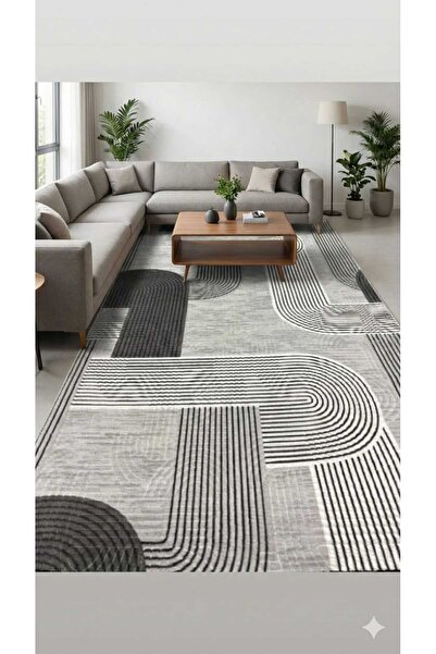 Nesrin JEL TABAN KAYMAZ MODERN GRİ SİYAH BEYAZ ÇİZGİLİ GÜZEL KESME HALI YOLLUK