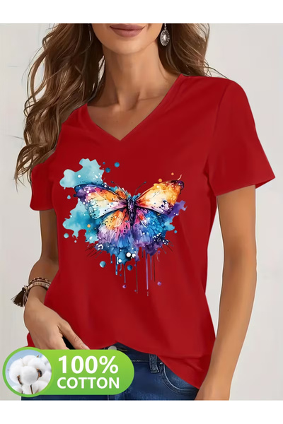 YUNAYT Women's V-Neck Draped Printed T-Shirt