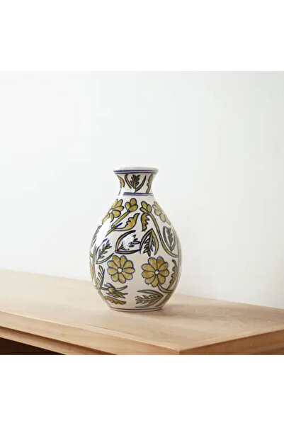 Generic Ceramic Vase with Floral Patterns in Yellow and Gray
