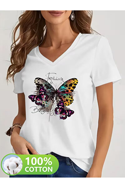 Cevval Women's V-Neck Draped Printed T-Shirt