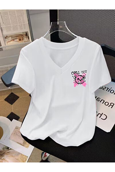 YUNAYT Tricou de damă cu decolteu în V, cu imprimeu fluid