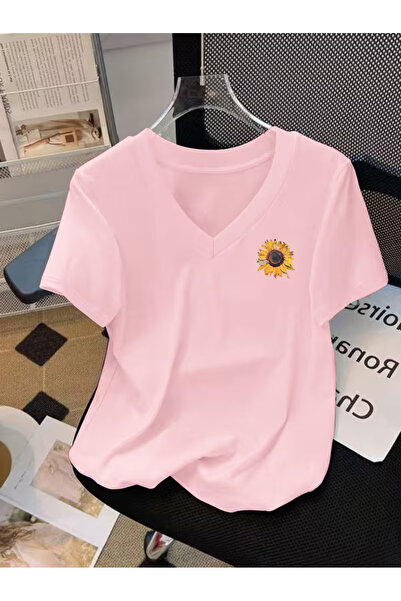 YUNAYT Women's V-Neck Draped Printed T-Shirt