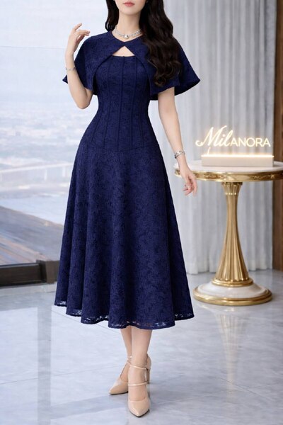 MILANORA Elegant navy blue lace evening dress