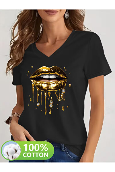 YUNAYT Women's V-Neck Draped Printed T-Shirt