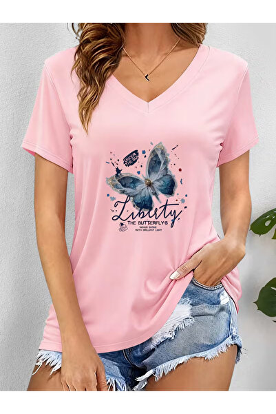 YUNAYT Women's V-Neck Draped Printed T-Shirt