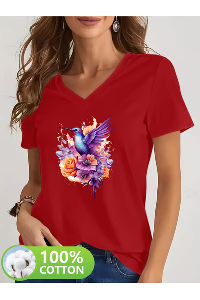 YUNAYT Women's V-Neck Draped Printed T-Shirt