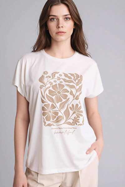 DeFacto Crew Neck Floral Ecru Women's T-Shirt G8804Ax/Er105