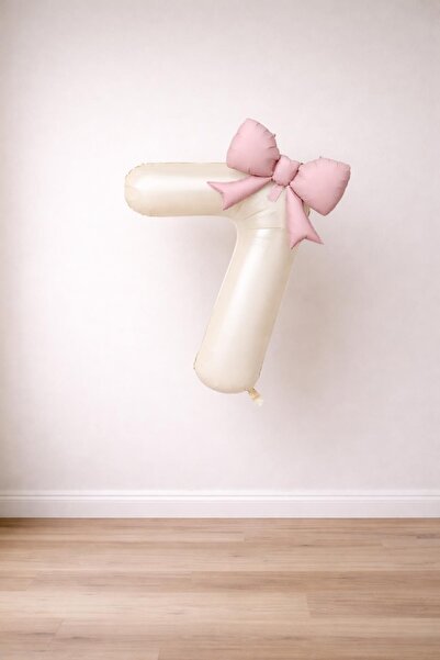 Patladı Gitti Pink Bow & Cream 7 Number Foil Balloon Set