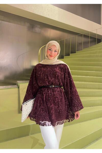 Meridosto Kemer Detaylı taşlı Şifon Tunik