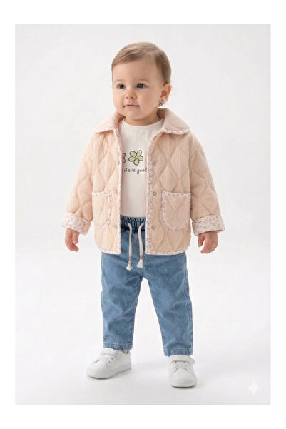 Mini Baray Kız Bebek Mevsimlik 3'lü Kombin - Çift Taraflı Kapitone Montlu Kot...