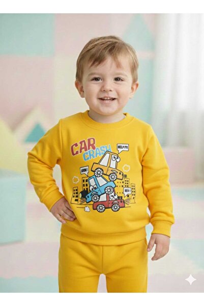 KAYAKİDS Boy's Car Yellow Casual Blue Pajamas Casual Tracksuit Set Top and Bo...