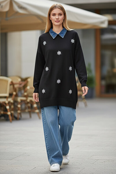 MODA S&S BZLİNE Floral Motif Stone-Trimmed Oversized Knitwear Sweater