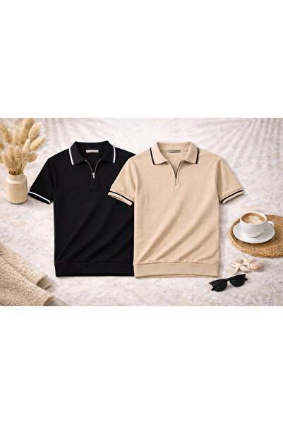 OTAKU Set de 2 tricouri tricotate moderne pentru bărbați, cu guler polo și fe...