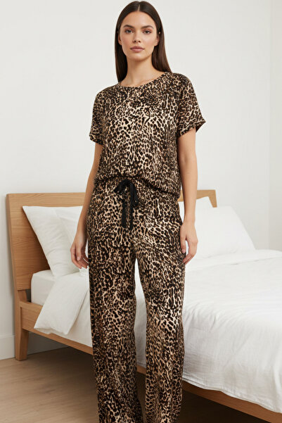 Fanwet Leopard Patterned Summer Knitted Short Sleeve Pajama Set