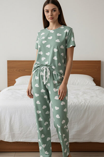 Fanwet Green Heart Patterned Summer Knitted Short Sleeve Pajama Set