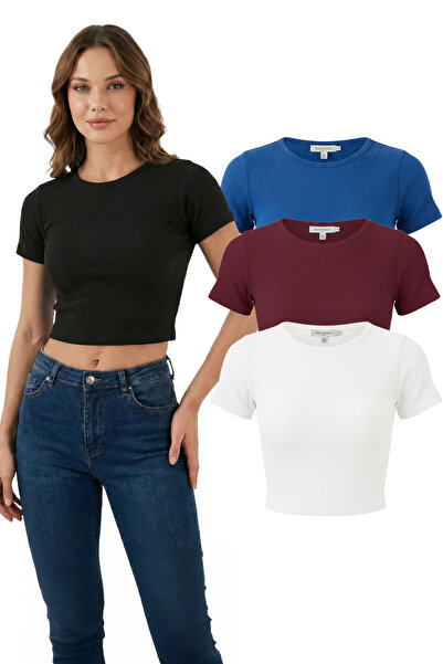 SWALORA Crew Neck Short Sleeve Lycra Crop T-Shirt Blouse Combed Cotton Set of 3