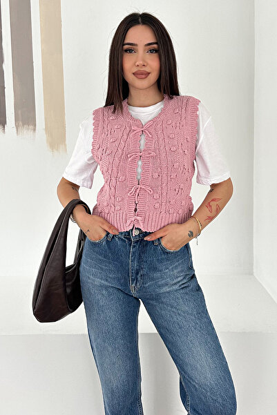 Noa&Noa Women's Pompom Knitted Sweater with Tie – Textured & Romantic Style