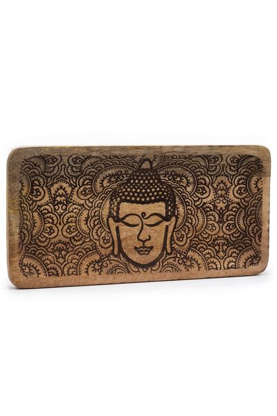 AW Gifts Tavă din lemn - Gravură Buddha neagră (15 × 2,5 cm)