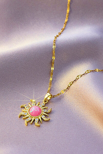 Parantez Aksesuar Gold Steel Necklace with Sun Figure and Zircon Detail