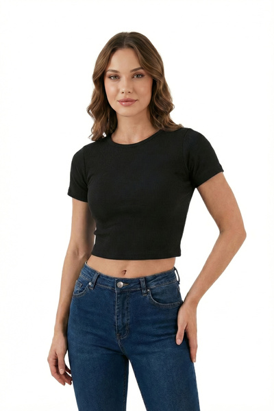 SWALORA Crew Neck Short Sleeve Lycra Crop T-Shirt Blouse Combed Cotton
