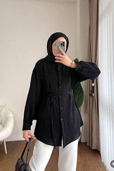 HİFADEN Women's Sequin Embroidered Stripe Patterned Hijab Shirt