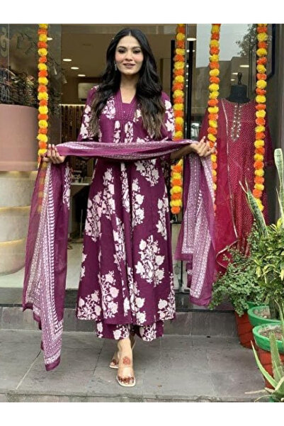 MYSMAR قميص كورتا مطبوع من قماش رايون بنفسجي مع بنطال بالازو وشال - ALV2018 |...