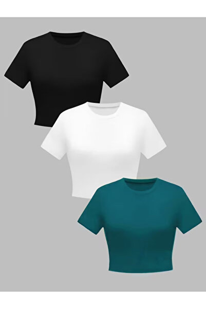 npLStore Women's Basic Short Sleeve 3-Piece Crop T-Shirt
