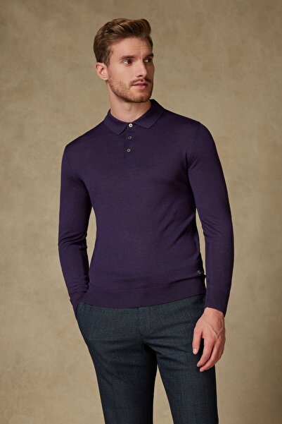 Andrea Nicolotti Men's Purple Wool Acrylic Blend Long Sleeve Polo Collar Knit...