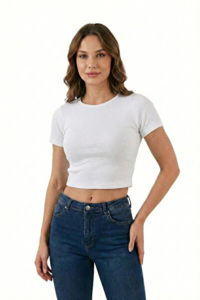 SWALORA Crew Neck Short Sleeve Lycra Crop T-Shirt Blouse Combed Cotton