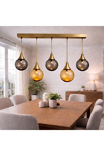 akyzlighting 5'li Sıralı Yemek Masası Glop Cam Sarkıt Eskitme Avize