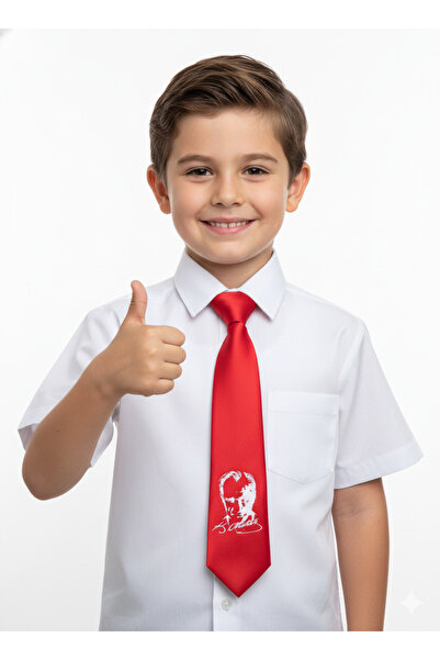 Masal Dünyası Bursa Ataturk Signed and Portrayed Children's Tie - Special Red...