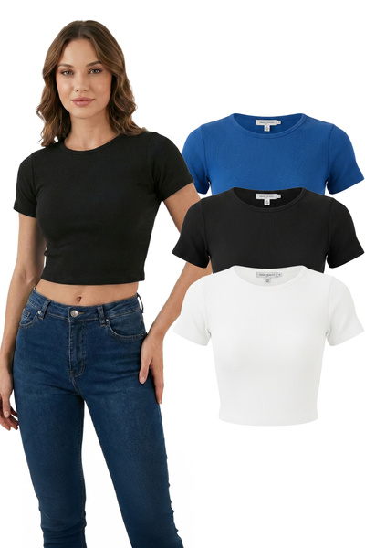 SWALORA Crew Neck Short Sleeve Lycra Crop T-Shirt Blouse Combed Cotton Set of 3