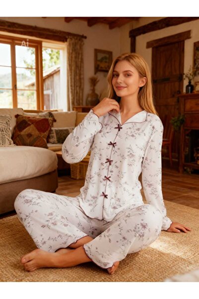 NiCe İç Giyim Plum Color Floral Patterned White Viscon Cotton Wrinkled Soft W...