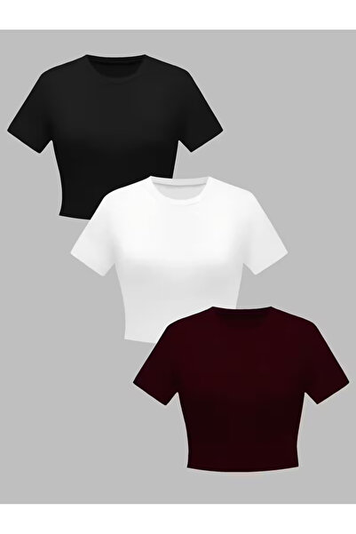 npLStore Women's Basic Short Sleeve 3-Piece Crop T-Shirt