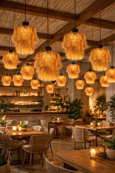 Kifnexwood HASIR AVİZE 45x30 cm BOHEM DOĞAL EL YAPIMI CAFE & SALON LED Uyumlu