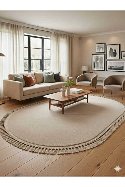 ALTUN CARPET MODERN 300CM + DIMENSIUNI BEJ OVAL PLUȘ CU FRANJURURI ANTIDERAPA...