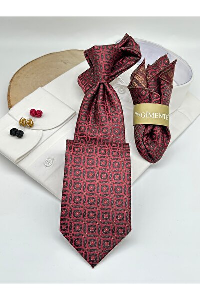 Gutiero Classic Tie with Red and Black Patterned Handkerchief