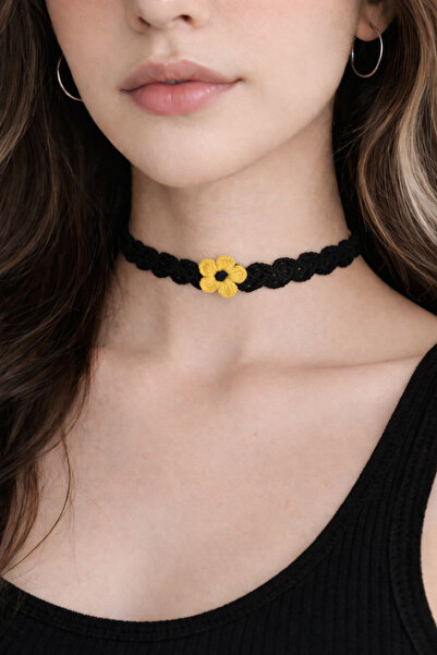 Liora De Mar Handmade Black Knitted Choker – with Floral Detail
